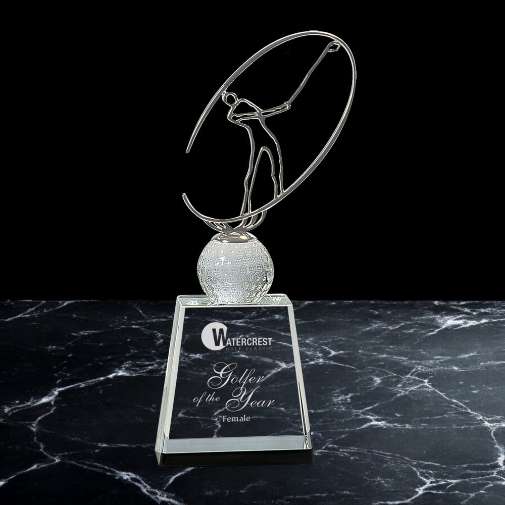 Crystal Golf Awards with Silver Metal Oval Clear Pedestal
