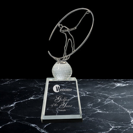 Crystal Golf Awards with Silver Metal Oval Clear Pedestal