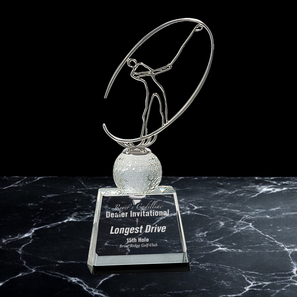 Crystal Golf Awards with Silver Metal Oval Clear Pedestal
