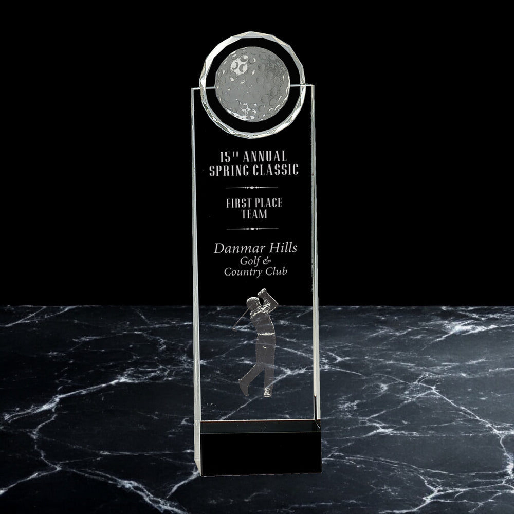 Crystal Awards with 3D Golfer on Black Pedestal Base