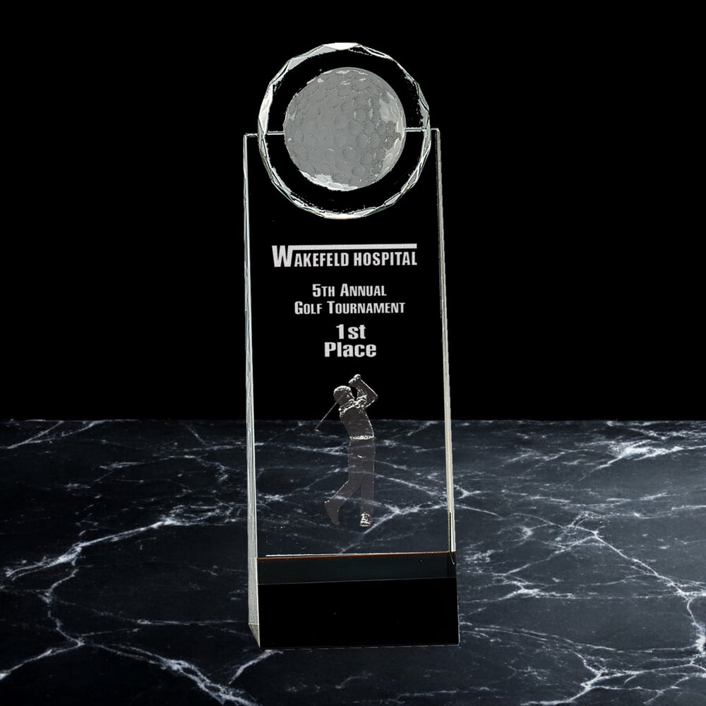 Crystal Awards with 3D Golfer on Black Pedestal Base