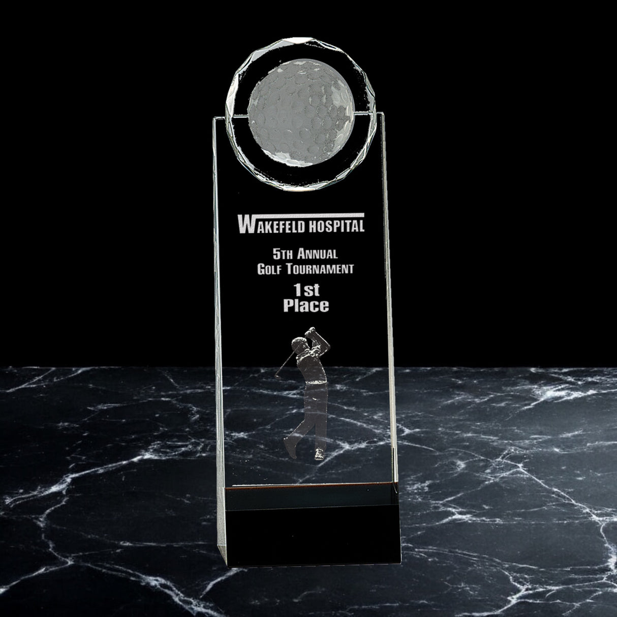 Crystal Awards with 3D Golfer on Black Pedestal Base