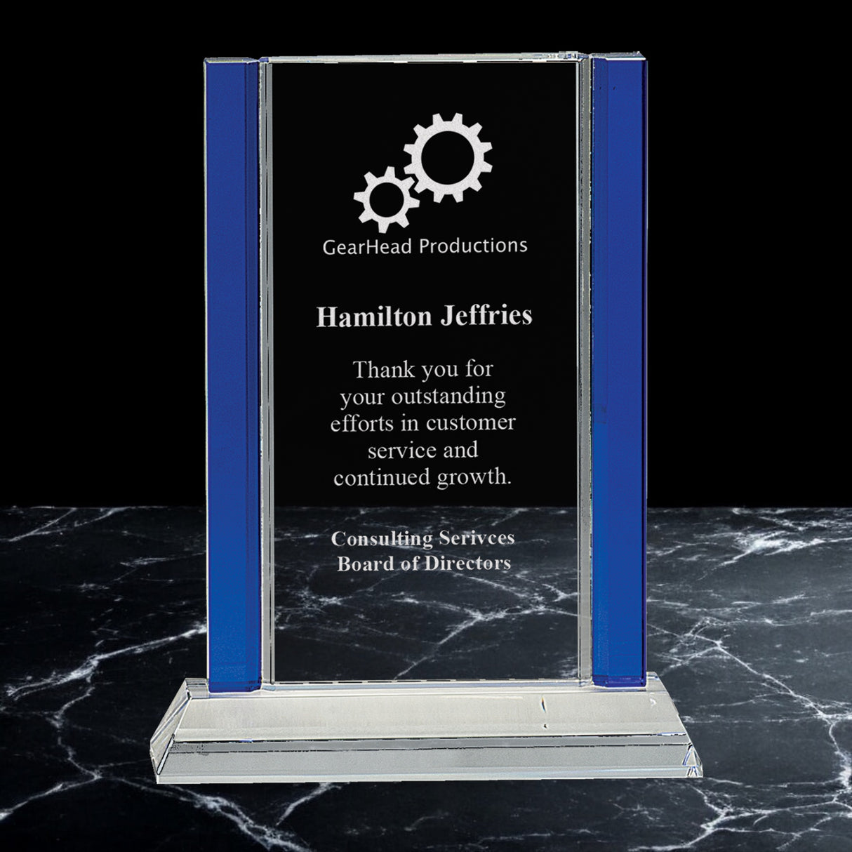Blue 2-Edge Crystal on Clear Pedestal Award