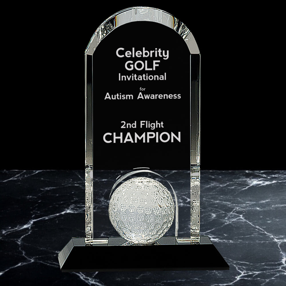 Crystal Dome Award with Inset Golf Ball on Black Pedestal Base