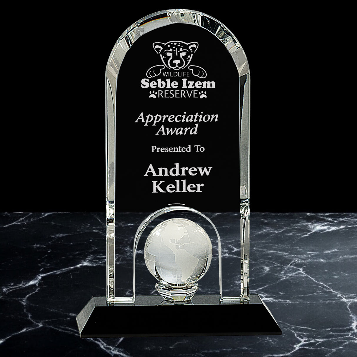 Crystal Dome Award with Globe Insert on Black Pedestal Base