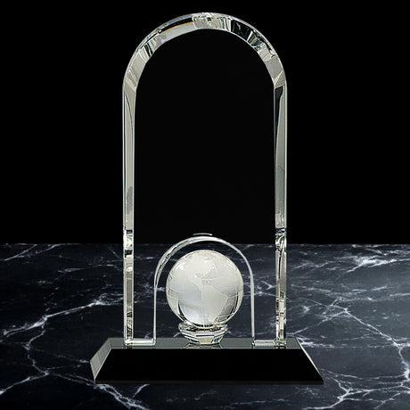 Crystal Dome Award with Globe Insert on Black Pedestal Base