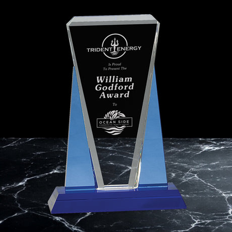 Blue and Clear Wedge Crystal on Blue Pedestal Awards