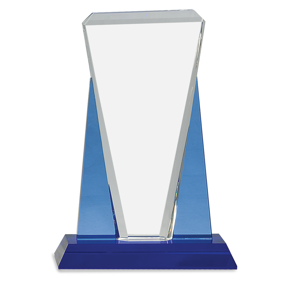 Blue and Clear Wedge Crystal on Blue Pedestal Awards
