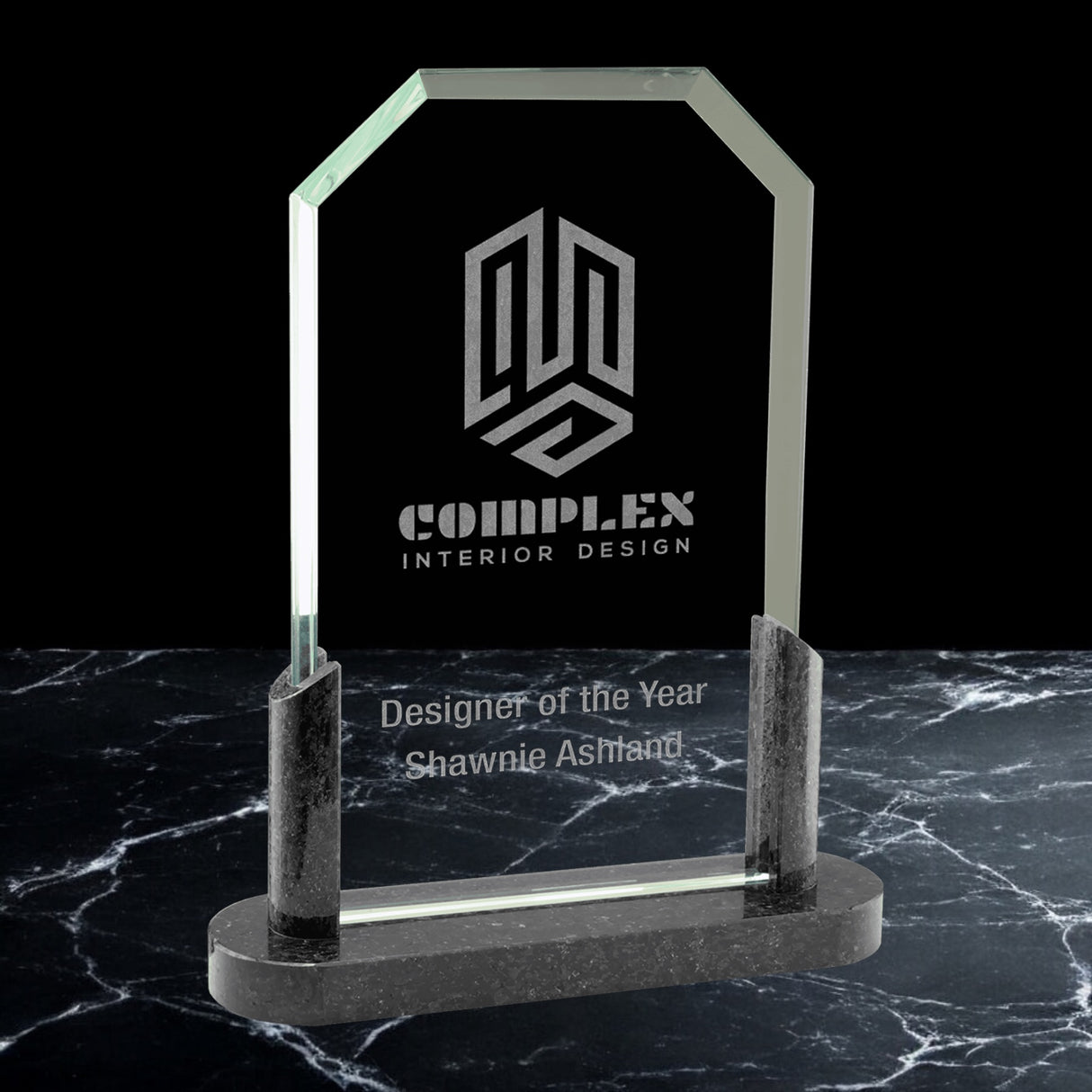 Clipped Corners Glass with Black Marble Base Award