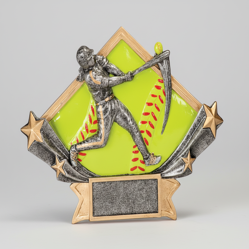 Softball player in action on a decorative plaque with stars and a green background